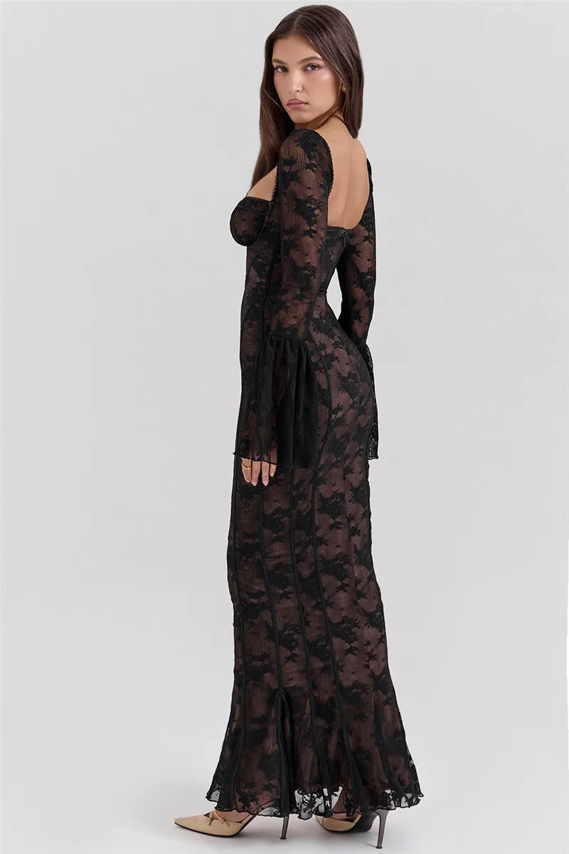 Celeste Lace Maxi Jurk – Lange kanten met wijde mouwen
