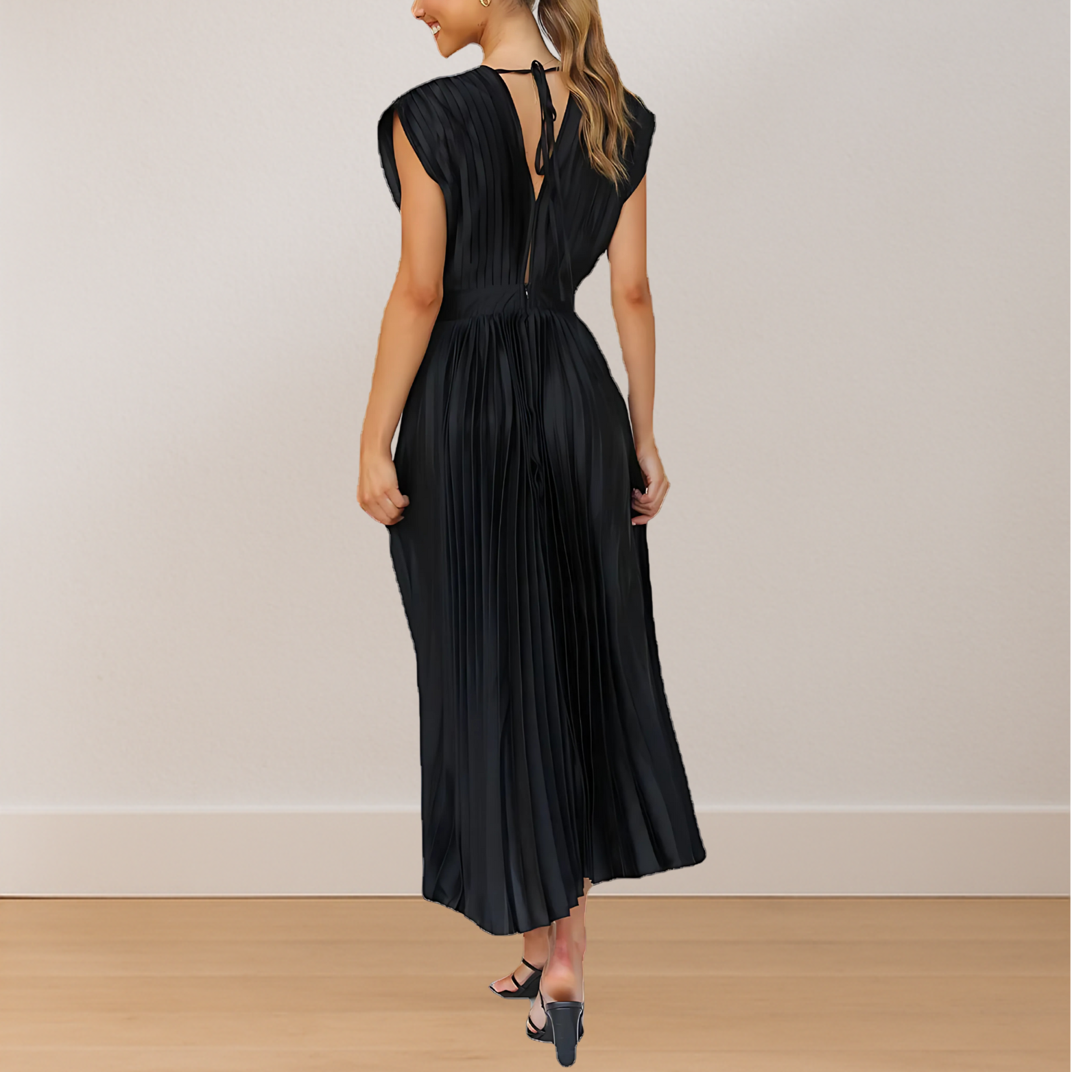 Mouwloze dames maxi jurk met V-Hals en striksluiting achter