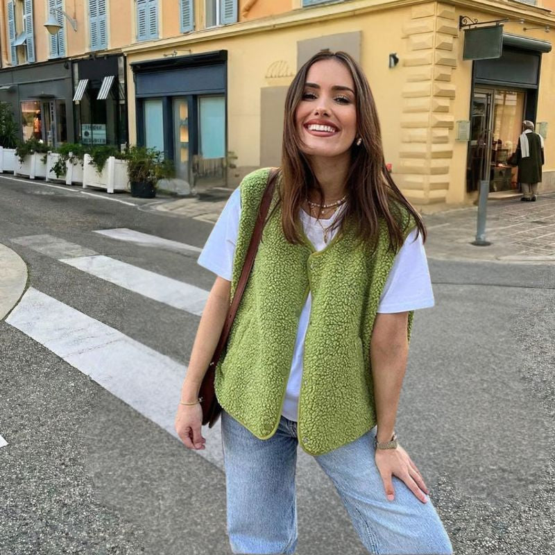 Bodywarmer voor Dames met Teddy Structuur en Drukknopen