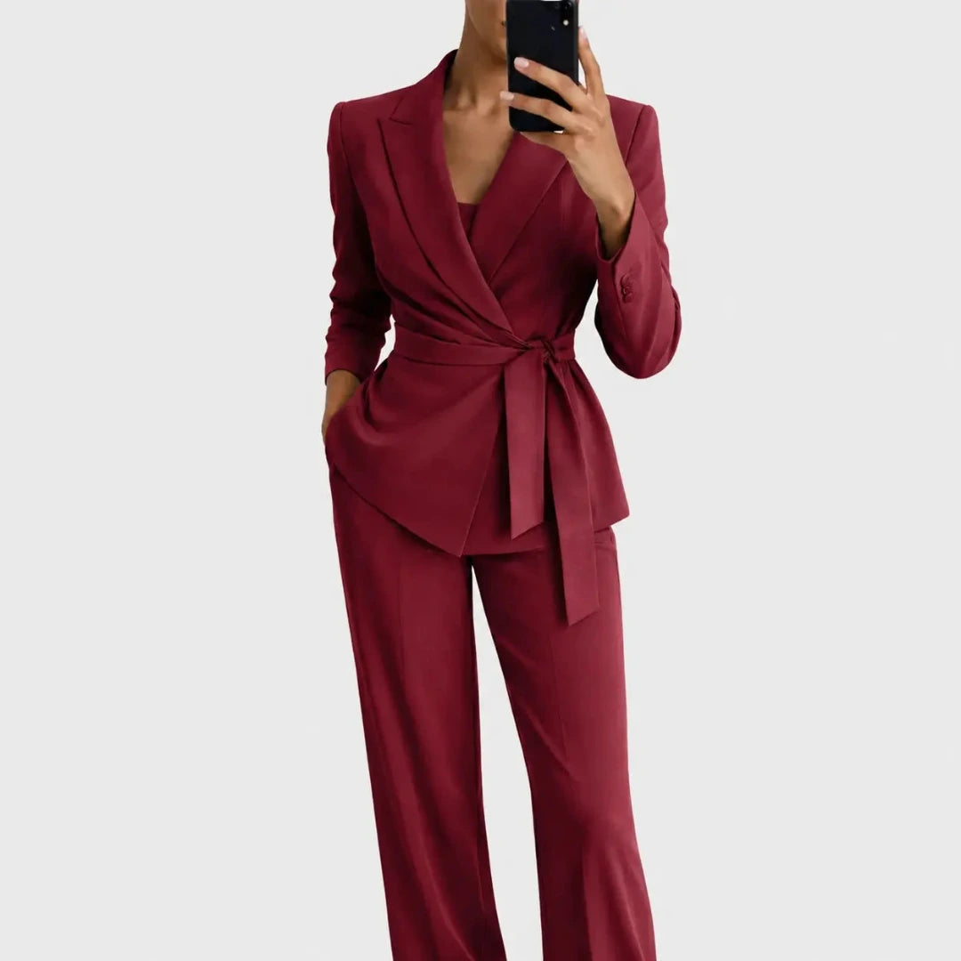 Dames Blazer en Broek Pak met Strikceintuur en Reverskraag