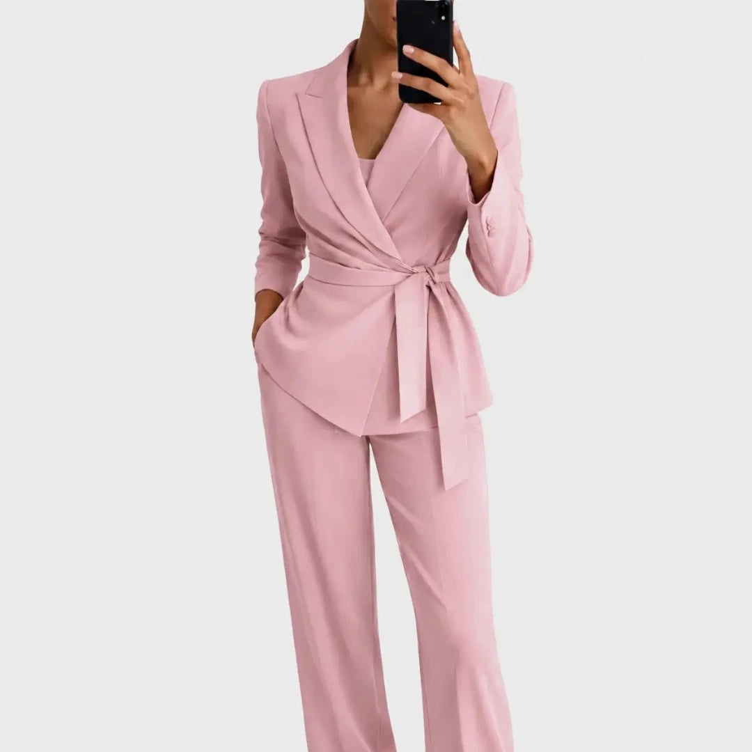 Dames Blazer en Broek Pak met Strikceintuur en Reverskraag