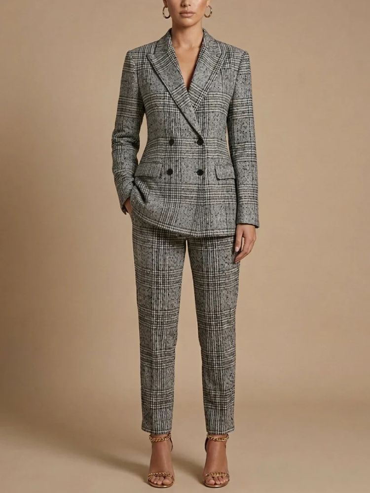 Dames Blazer en Pantalon Set met Geruit Patroon