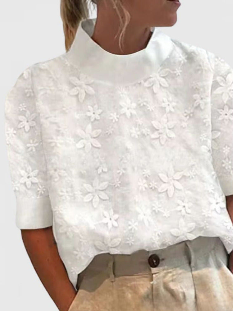 Dames Blouse met Colkraag en Geborduurde Bloemenprint