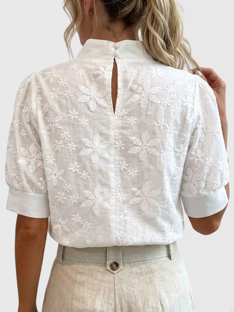 Dames Blouse met Colkraag en Geborduurde Bloemenprint