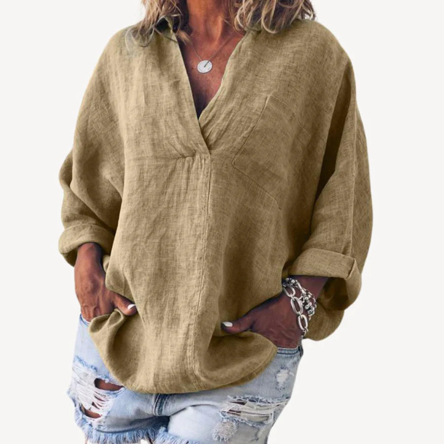 Dames Blouse met V-hals, Lange Mouwen en Borstzak