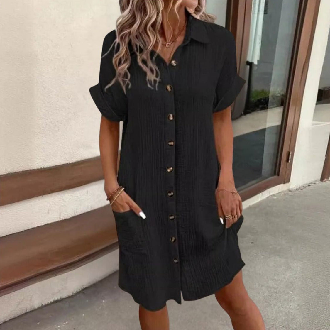 Dames Blousejurk met Knoopsluiting en Korte Mouwen