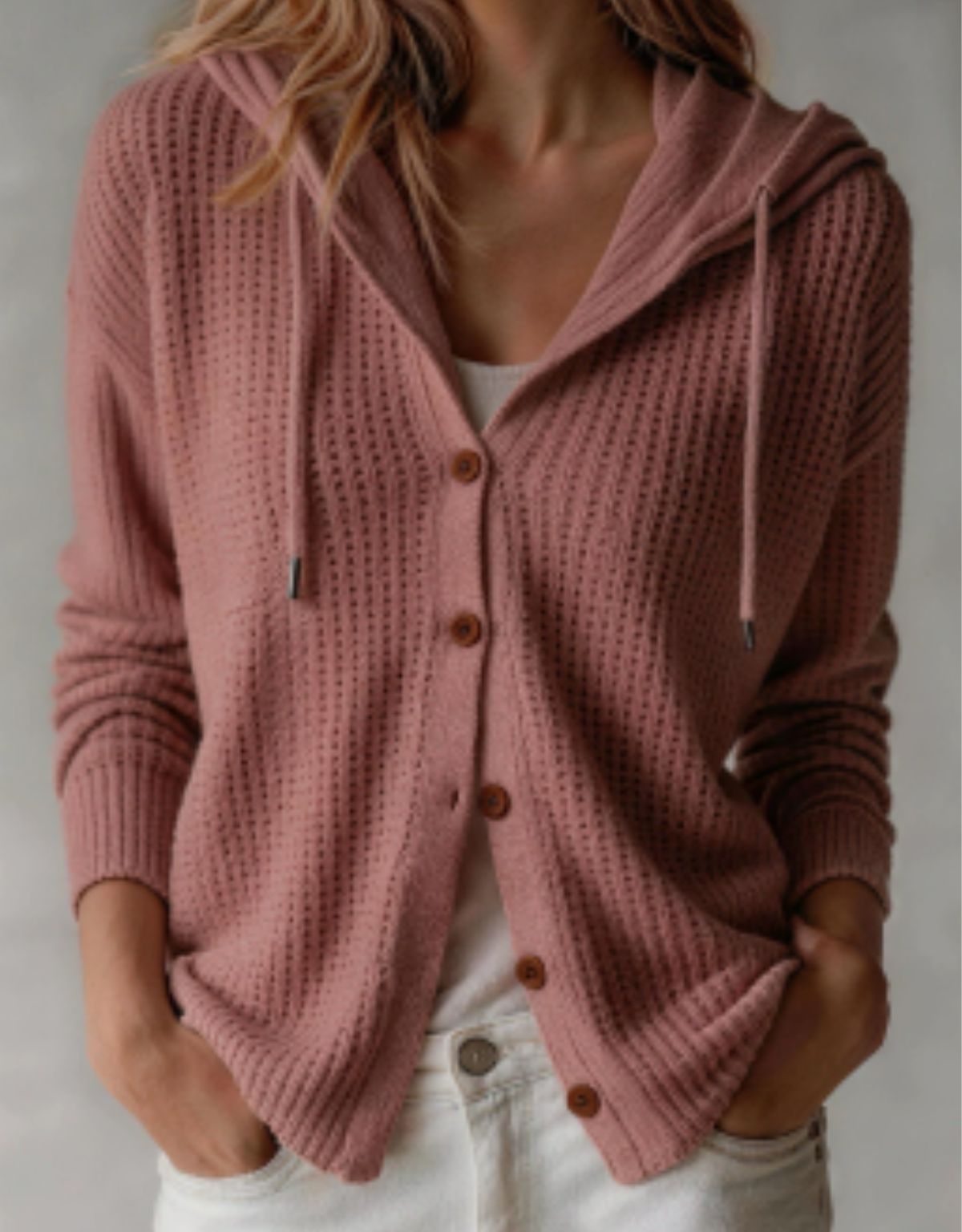Dames Cardigan met Capuchon en Wafelstructuur