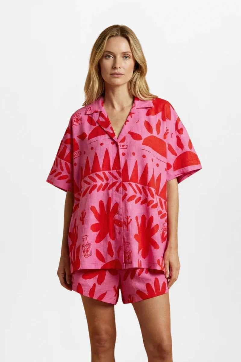 Dames Co-ord Set met Overhemd en Korte Broek