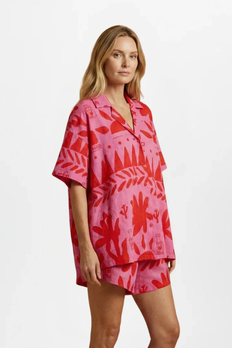 Dames Co-ord Set met Overhemd en Korte Broek