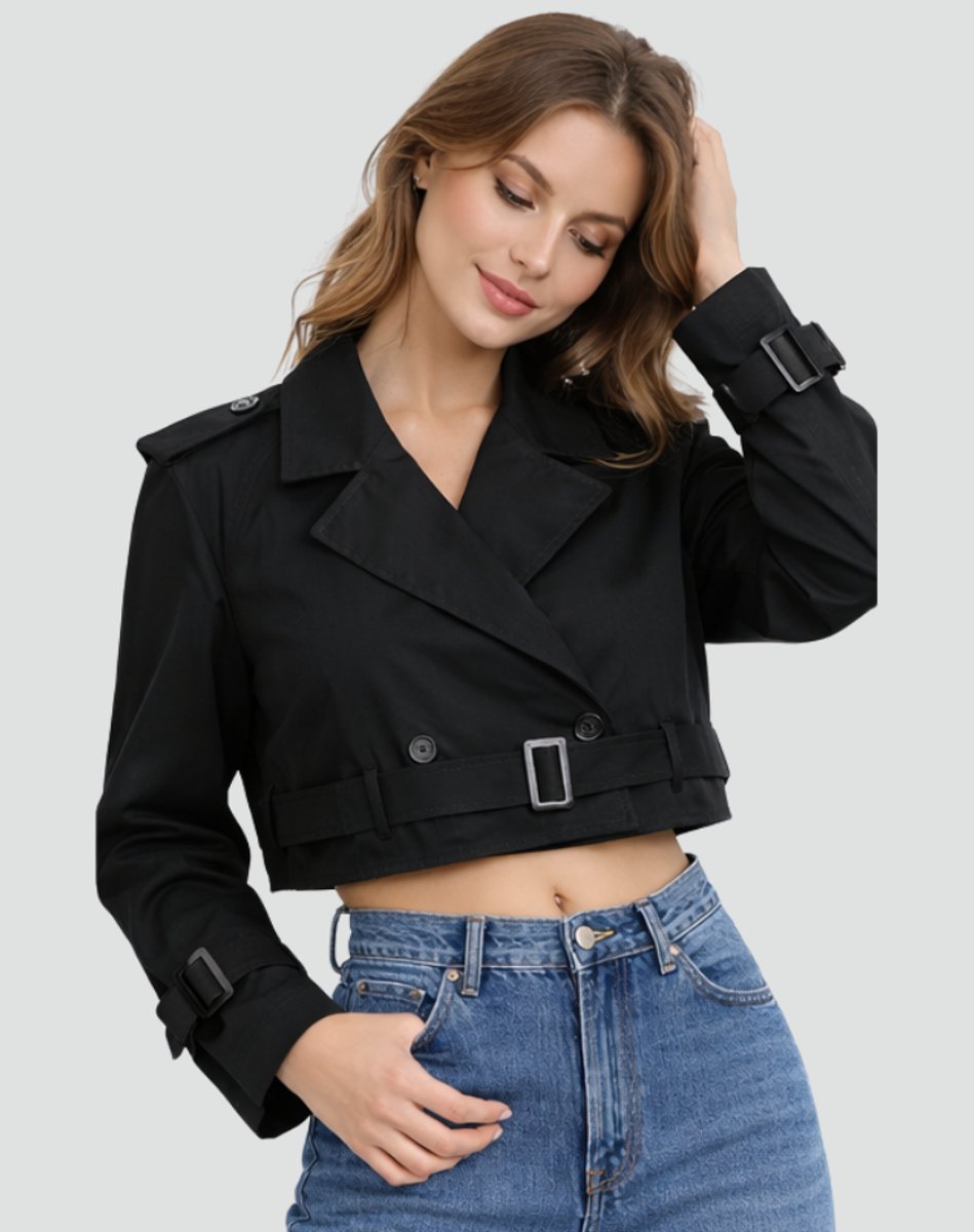 Dames Cropped Trenchcoat met Ceintuur en Reverskraag
