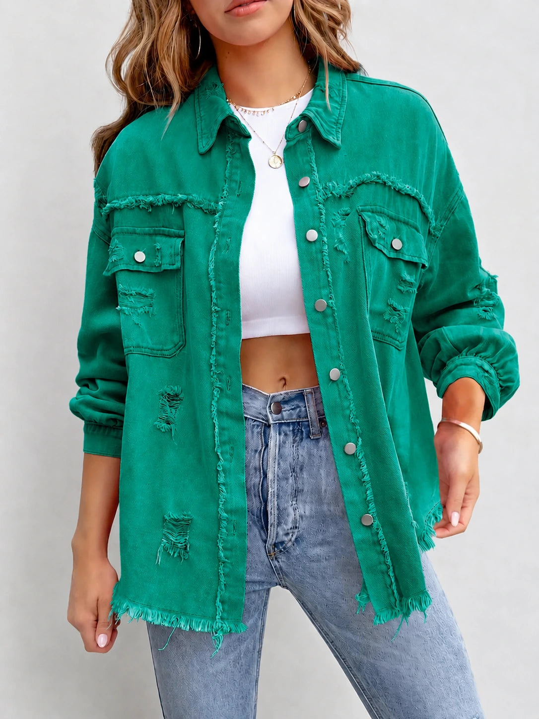 Dames Denim Jack met Gescheurde Details en Drukknopen