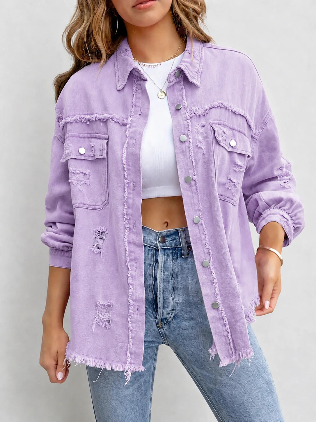 Dames Denim Jack met Gescheurde Details en Drukknopen