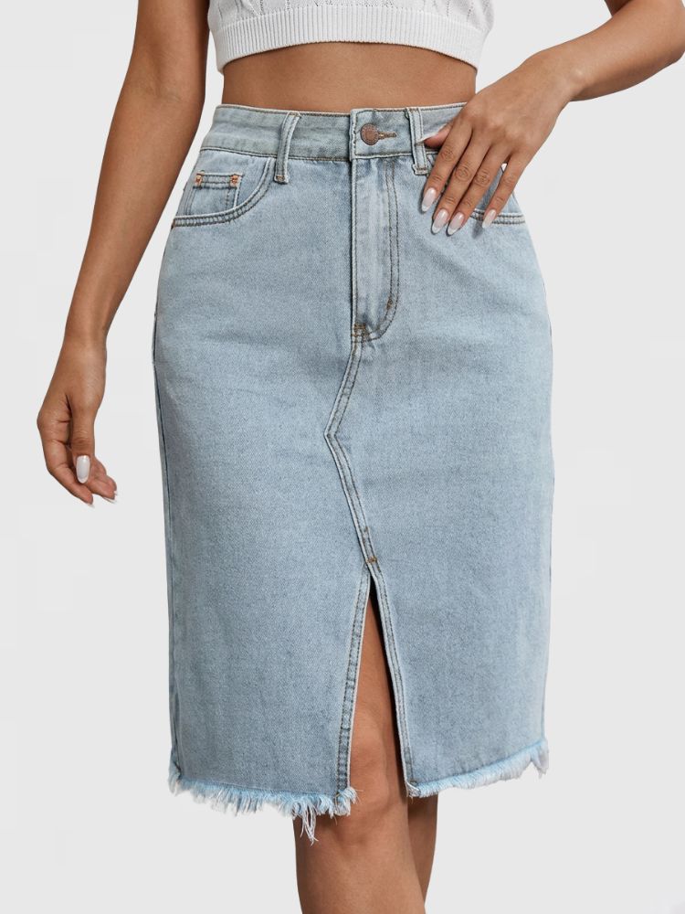 Dames Denim Midi Rok met Hoge Taille en Voorsplit