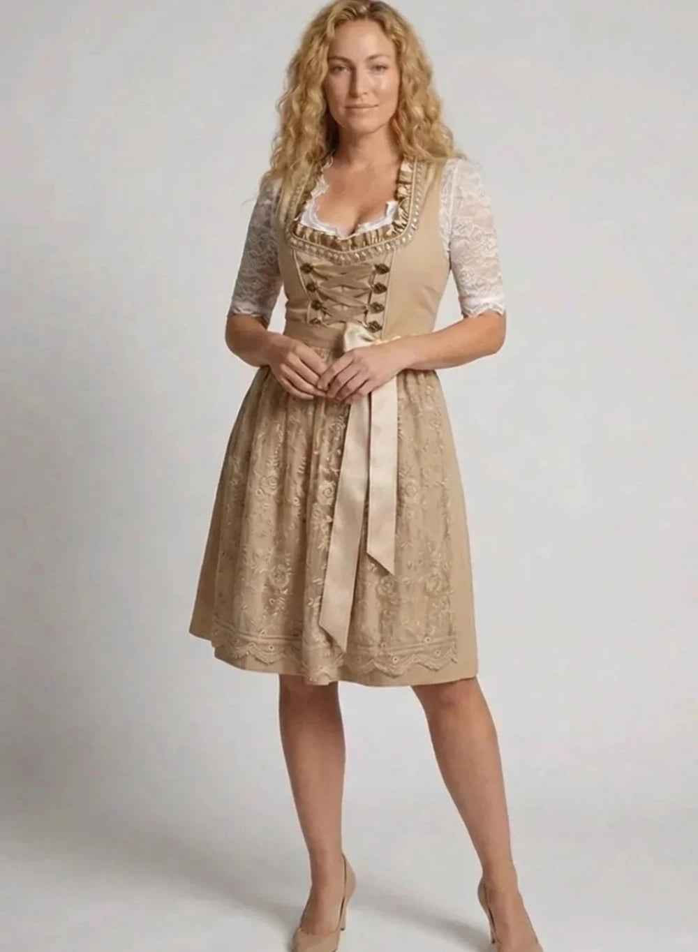 Dames Dirndl Jurk met Vetersluiting en Kantdetail