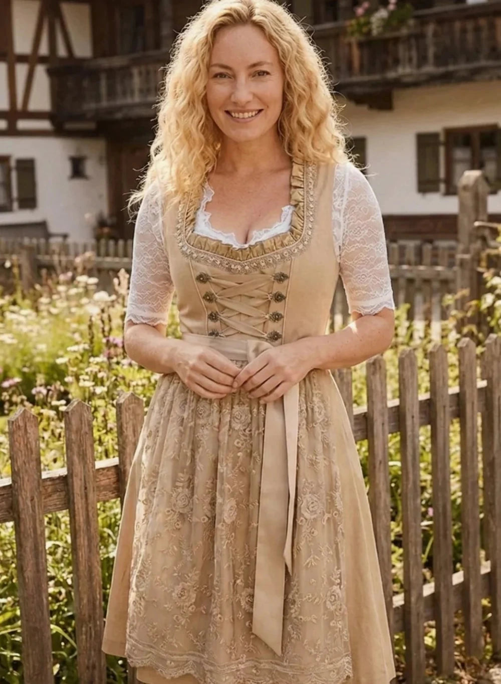 Dames Dirndl Jurk met Vetersluiting en Kantdetail