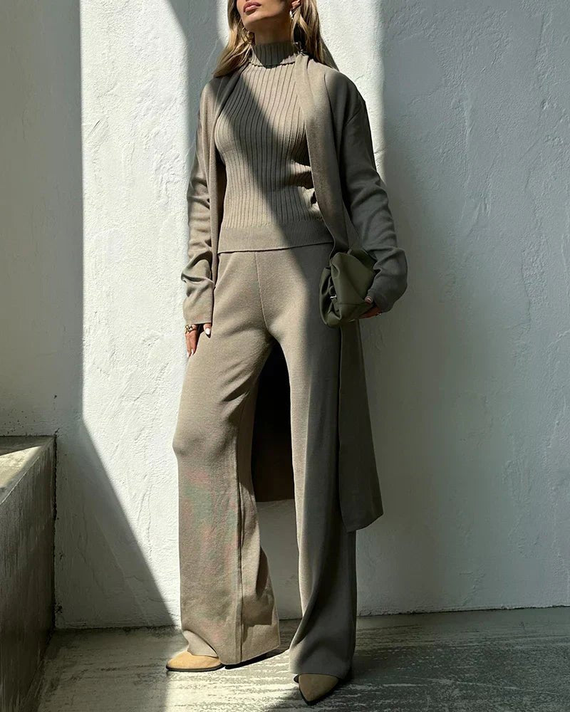 Dames Drie-delige Set met Hoge Hals en Wijde Broek