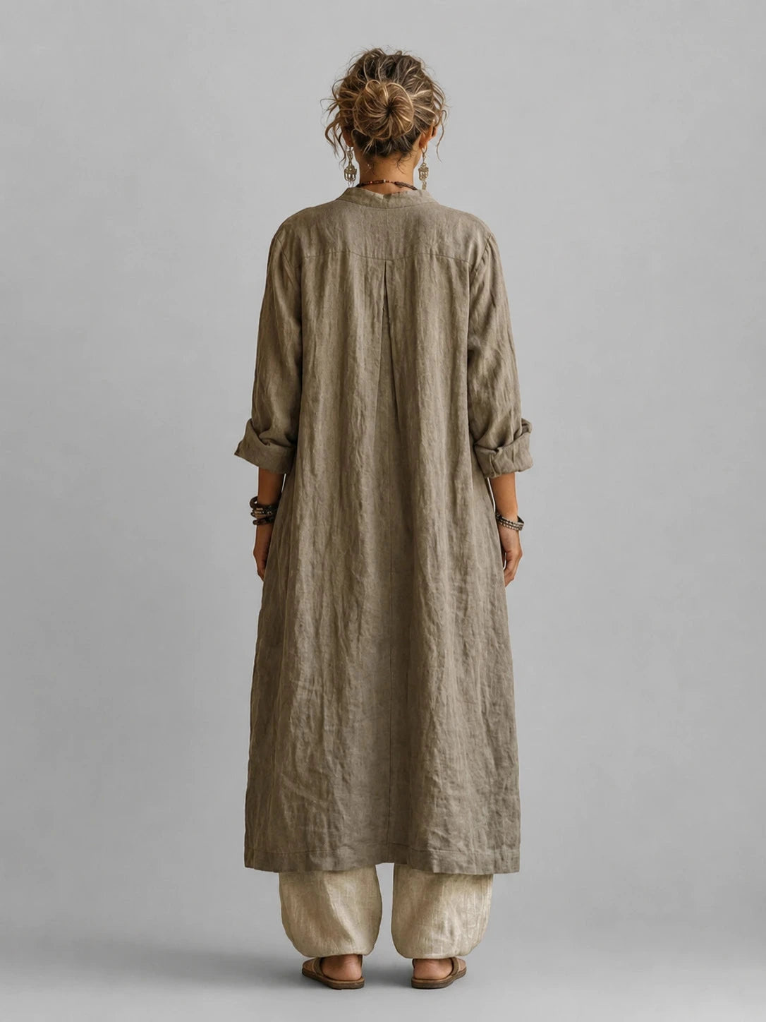 Dames Driedelige Linnenmix Set met Top, Wijde Broek en Lange Cardigan