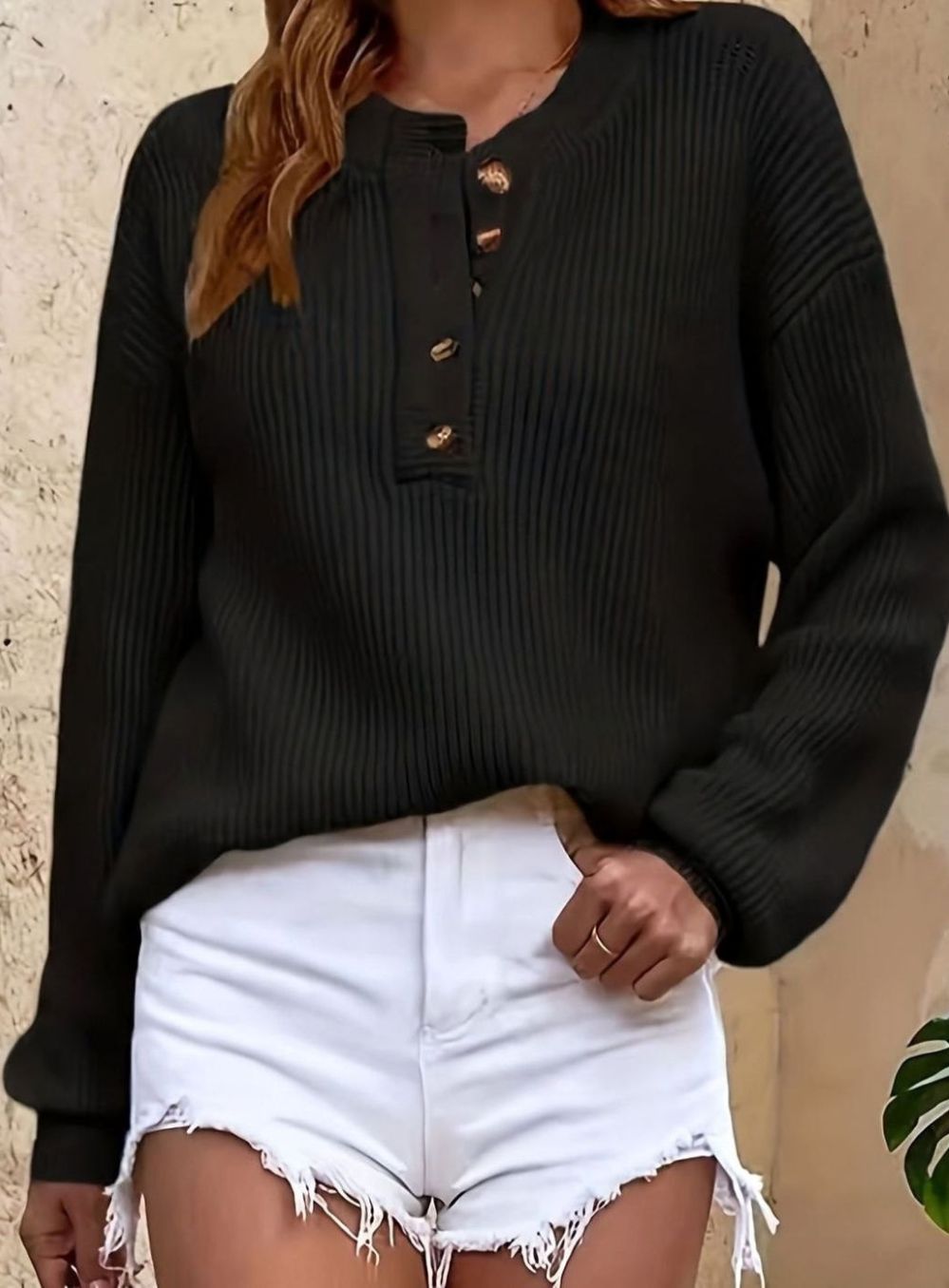Dames Gebreide Henley Trui met Ribpatroon