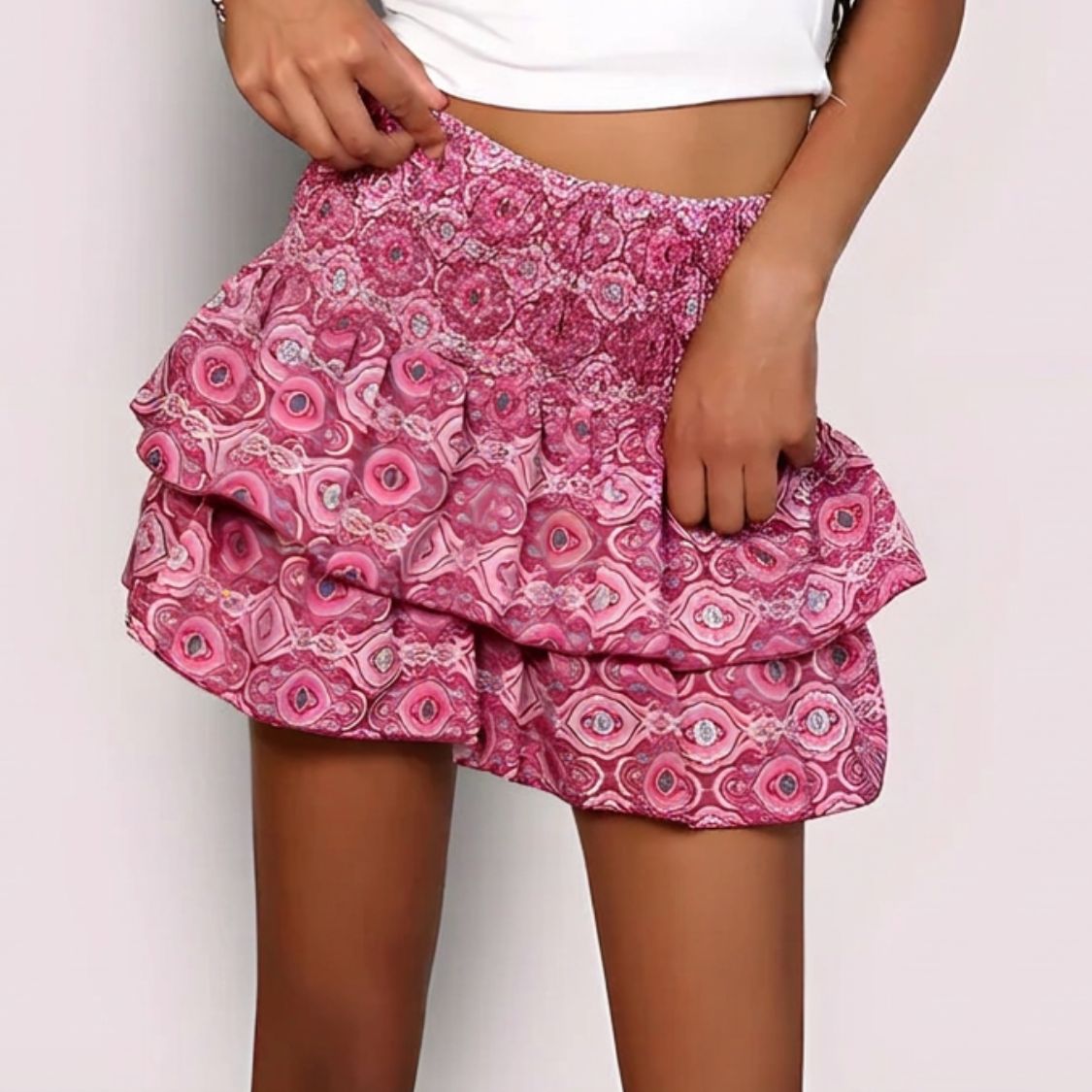Dames Gelaagde Mini Rok met Elastische Tailleband en Print