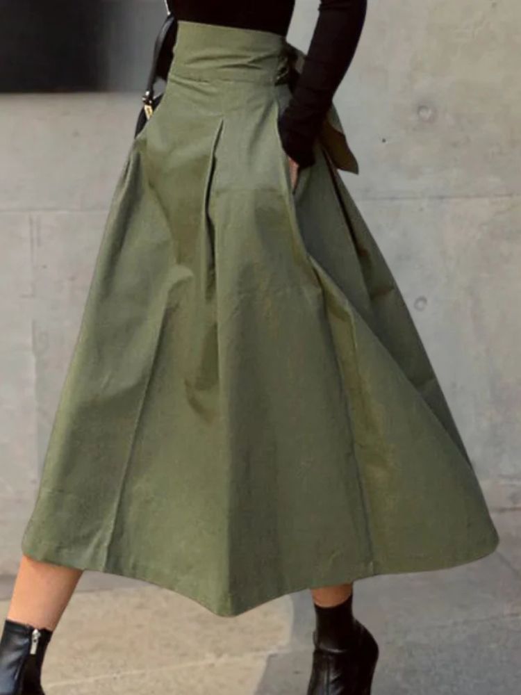 Dames Geplooide Midi Rok met Hoge Taille en Strikdetail