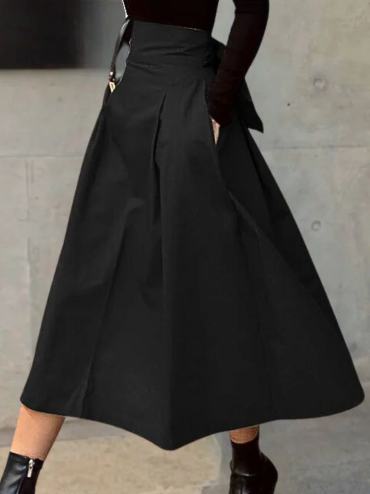 Dames Geplooide Midi Rok met Hoge Taille en Strikdetail