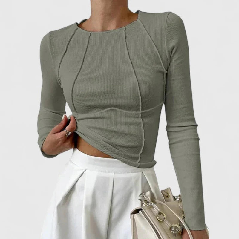 Dames Geribd Shirt met Ronde Hals en Lange Mouwen