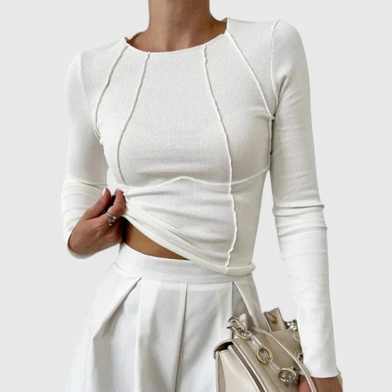 Dames Geribd Shirt met Ronde Hals en Lange Mouwen