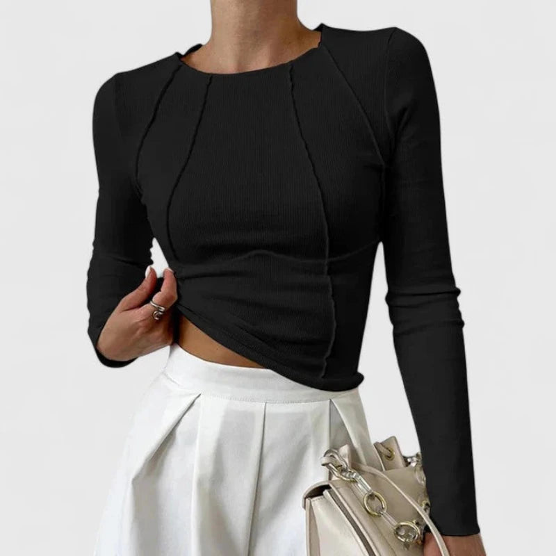 Dames Geribd Shirt met Ronde Hals en Lange Mouwen