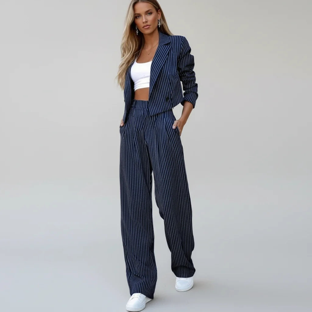 Dames Gestreepte Blazerset met Blazer en Wijde Pantalon