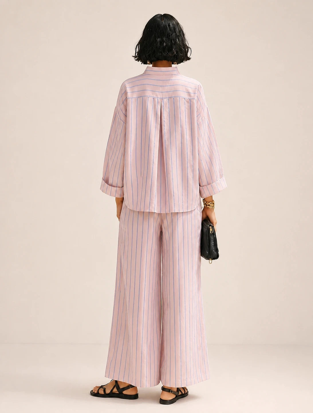 Dames Gestreepte Tweedelige Set met Top en Wijde Broek