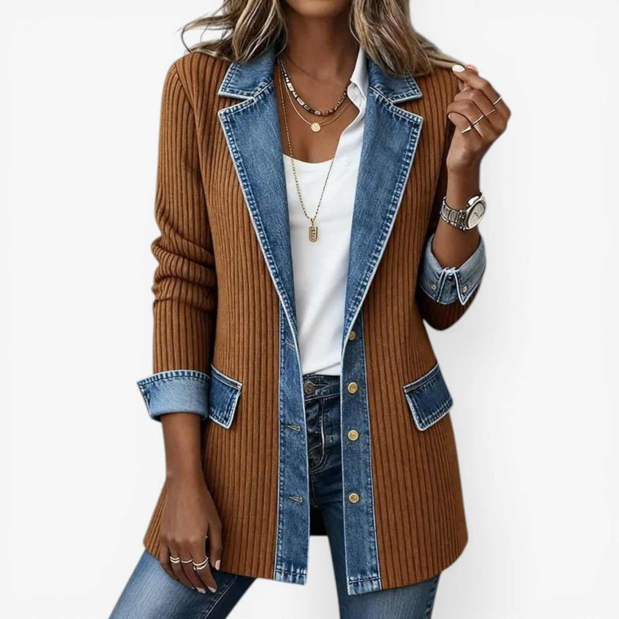 Dames Jas met Denim en Ribstof