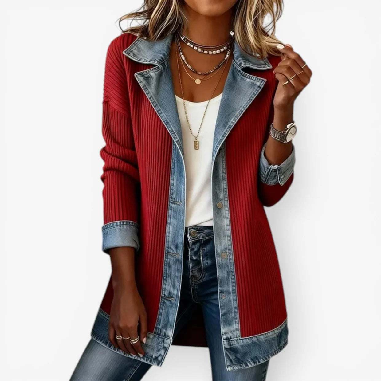 Dames Jas met Denim en Ribstof