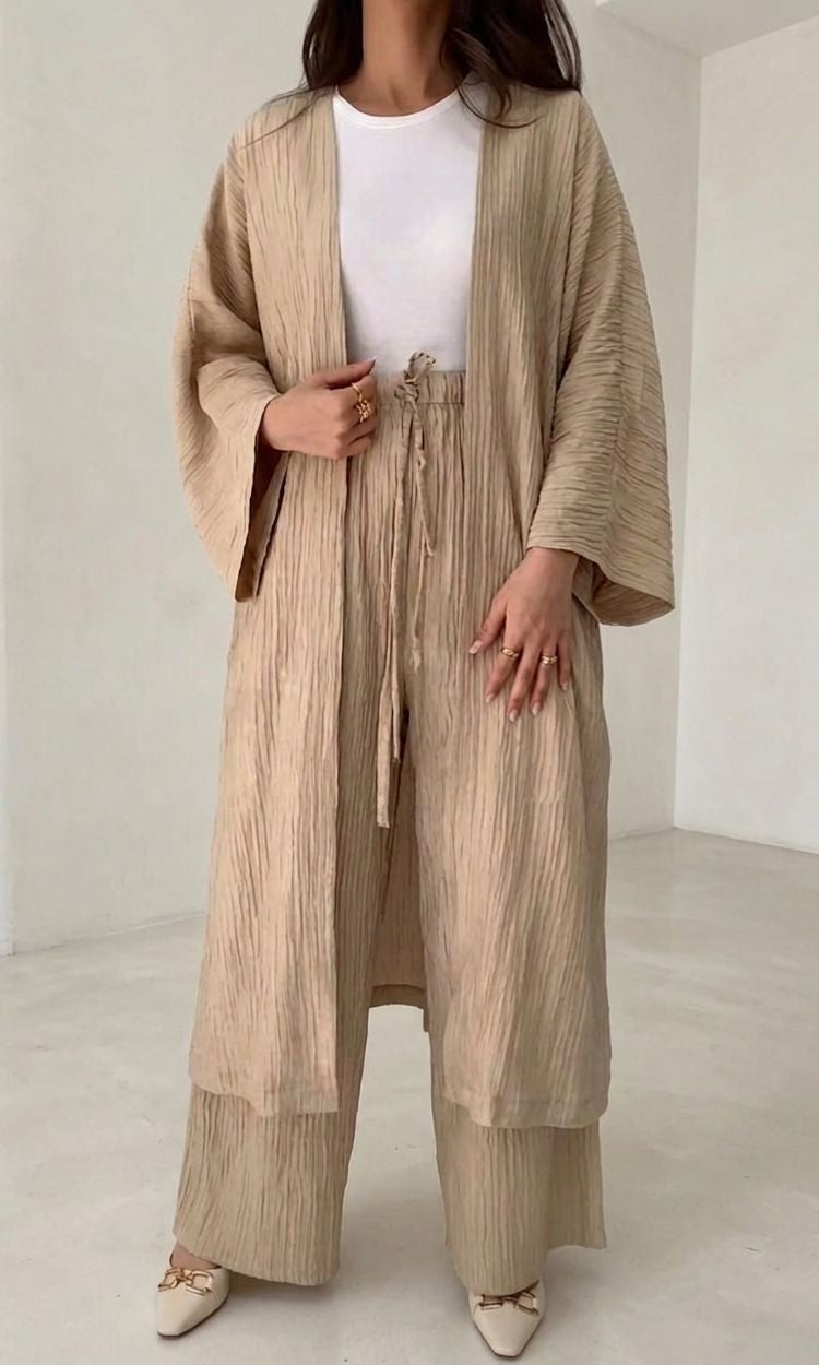 Dames Kimono Set met Geplooide Structuur en Wijde Broek