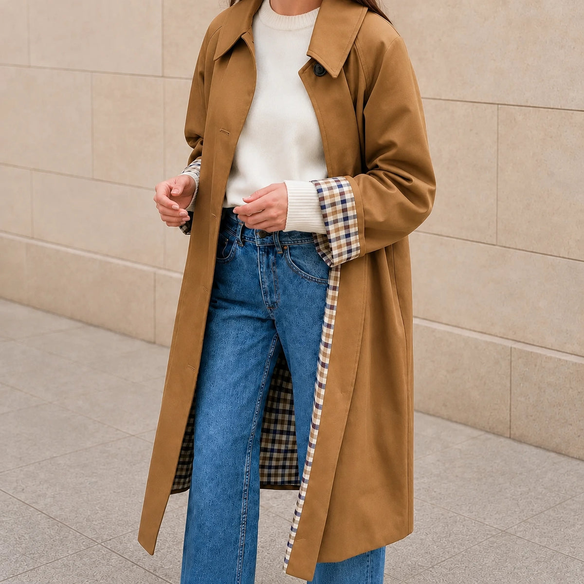 Dames Lange Trenchcoat met Geruite Voering en Reverskraag