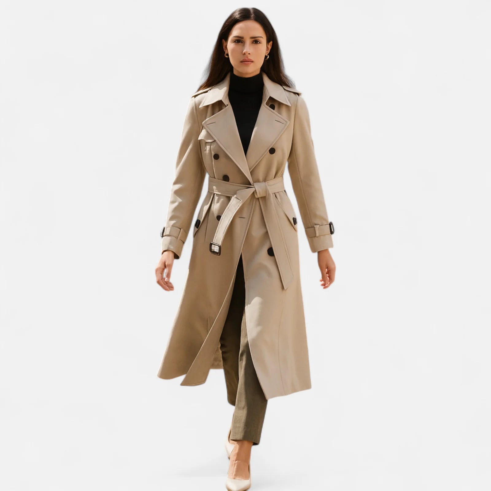Dames Lange Trenchcoat met Reverskraag en Ceintuur