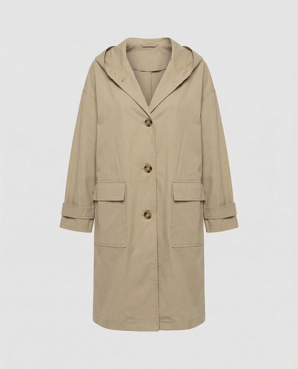 Dames Lange Waterafstotende Trenchcoat met Capuchon en Knoopsluiting