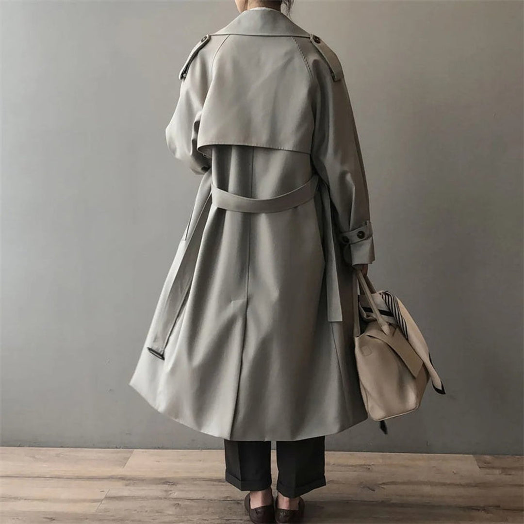 Dames Lange Waterafstotende Trenchcoat met Dubbele Knoopsluiting en Reverskraag