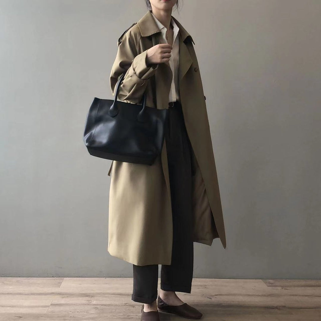 Dames Lange Waterafstotende Trenchcoat met Dubbele Knoopsluiting en Reverskraag