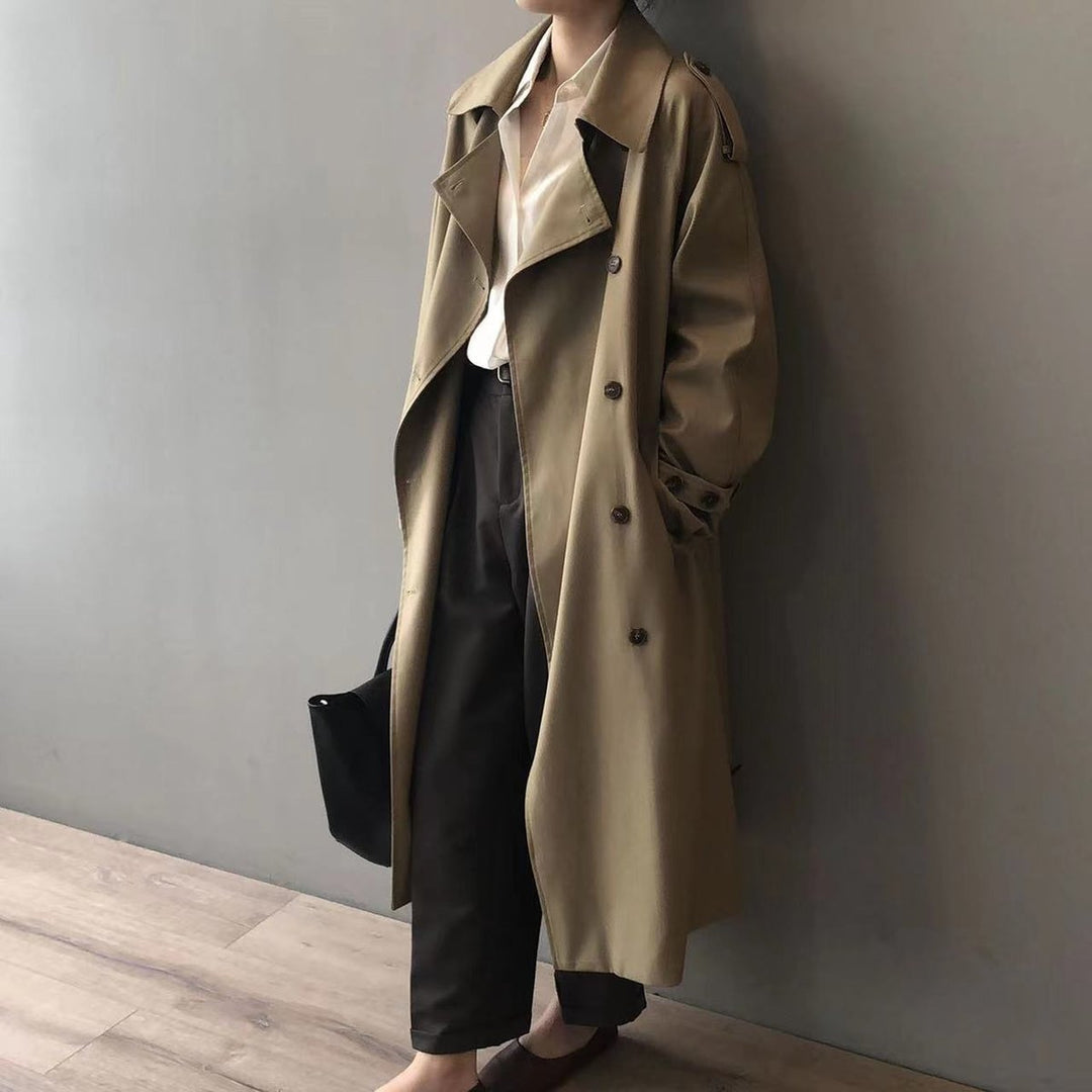 Dames Lange Waterafstotende Trenchcoat met Dubbele Knoopsluiting en Reverskraag