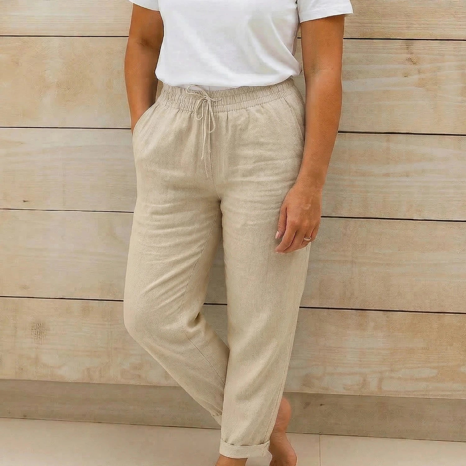 Dames Linnen Broek met Elastische Tailleband en Trekkoord