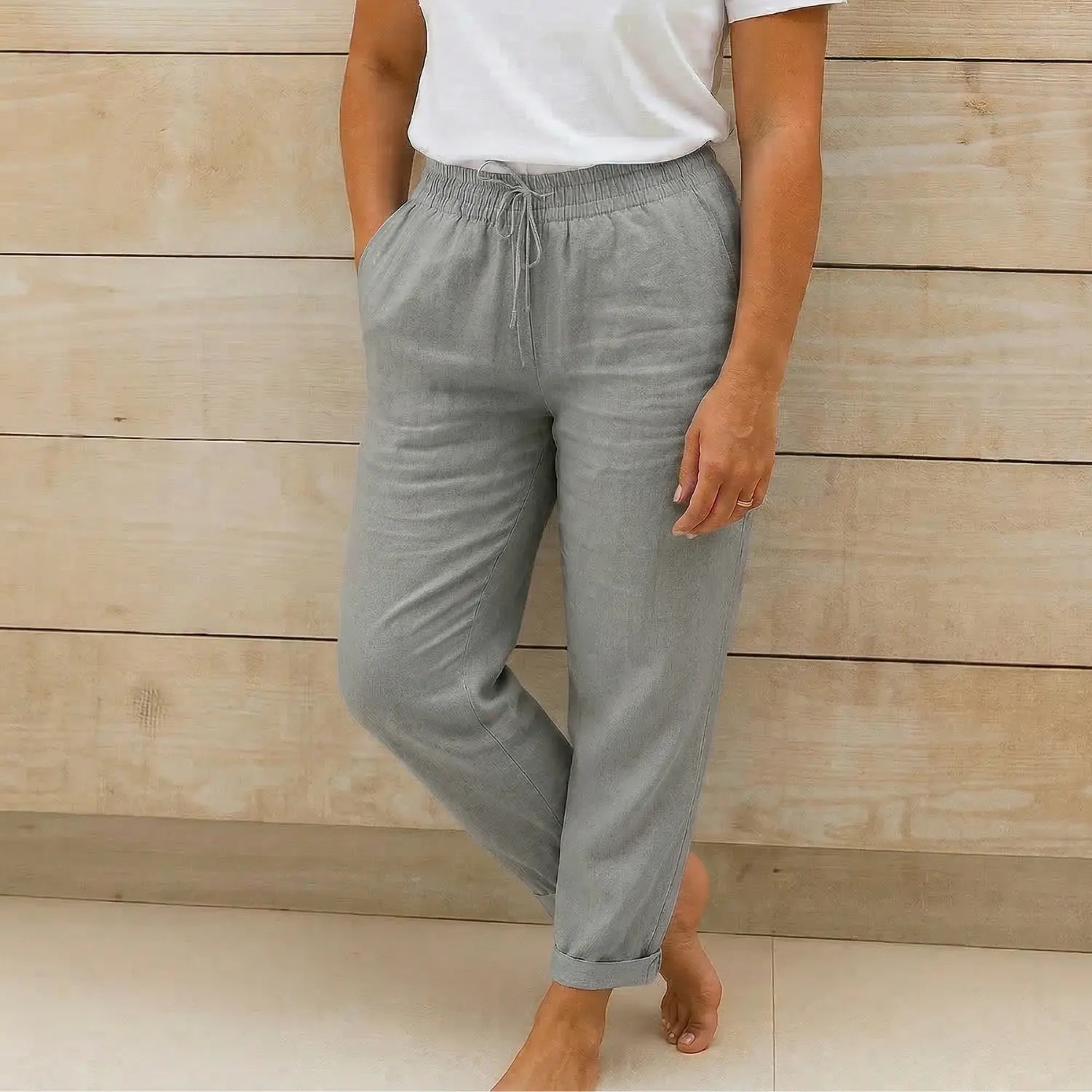 Dames Linnen Broek met Elastische Tailleband en Trekkoord