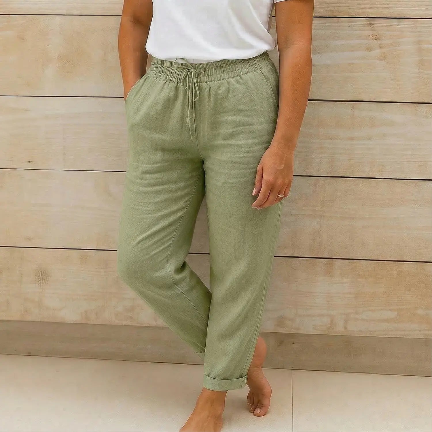 Dames Linnen Broek met Elastische Tailleband en Trekkoord