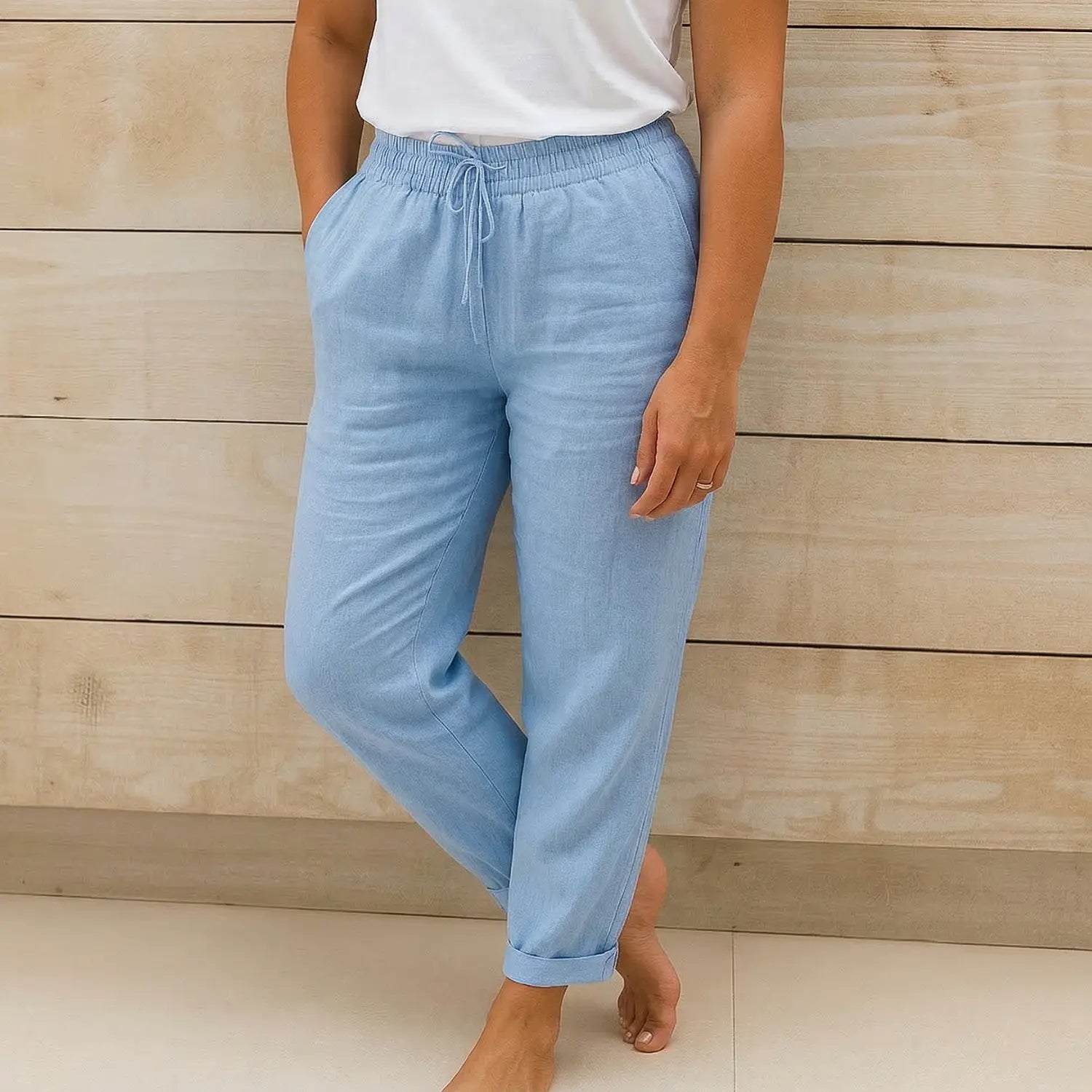 Dames Linnen Broek met Elastische Tailleband en Trekkoord