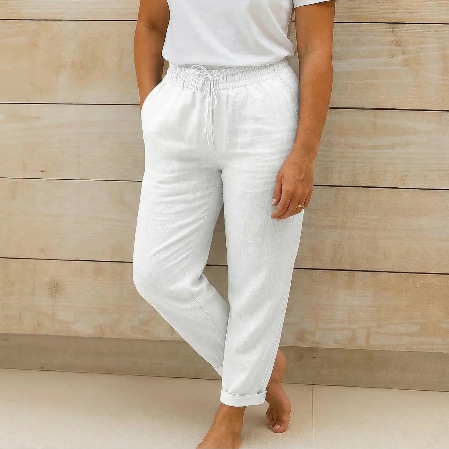 Dames Linnen Broek met Elastische Tailleband en Trekkoord