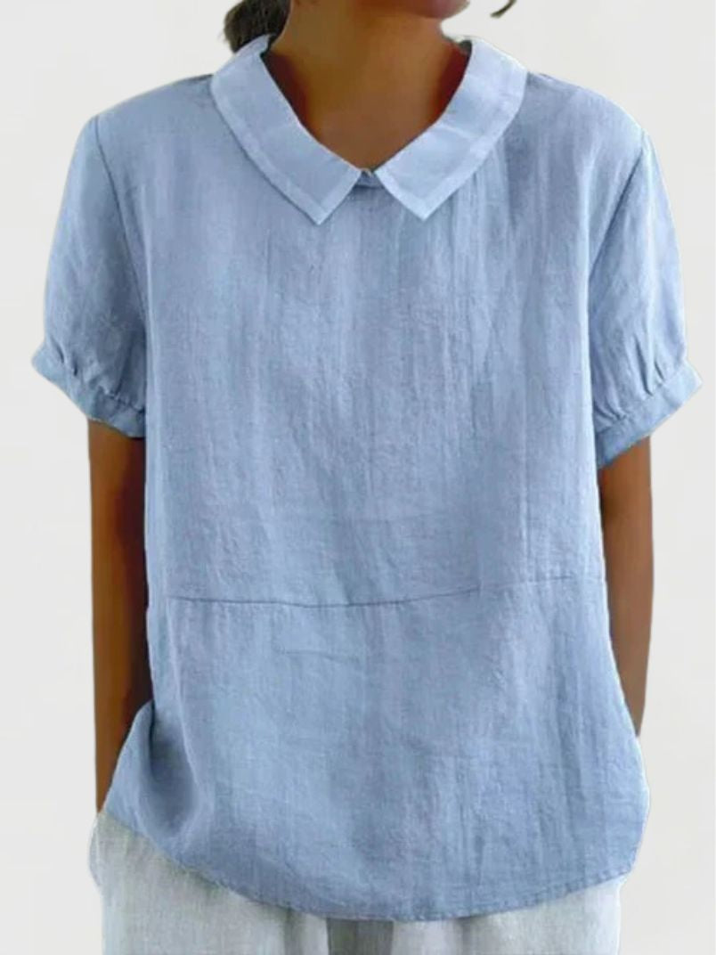 Dames Linnen Zomerblouse met Peter Pan Kraag en Korte Mouwen