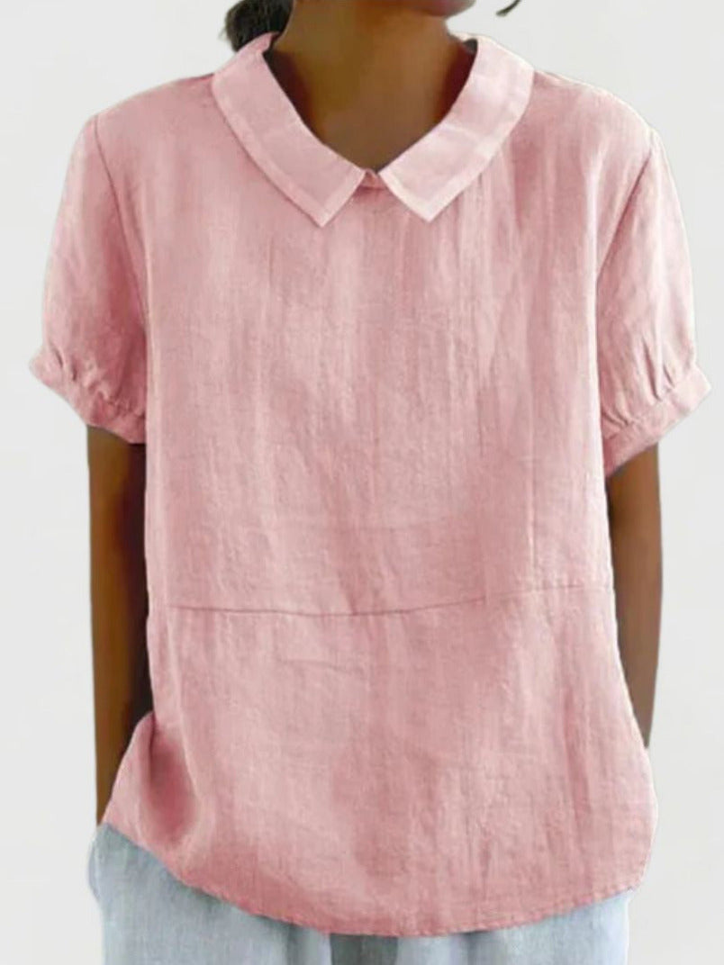 Dames Linnen Zomerblouse met Peter Pan Kraag en Korte Mouwen