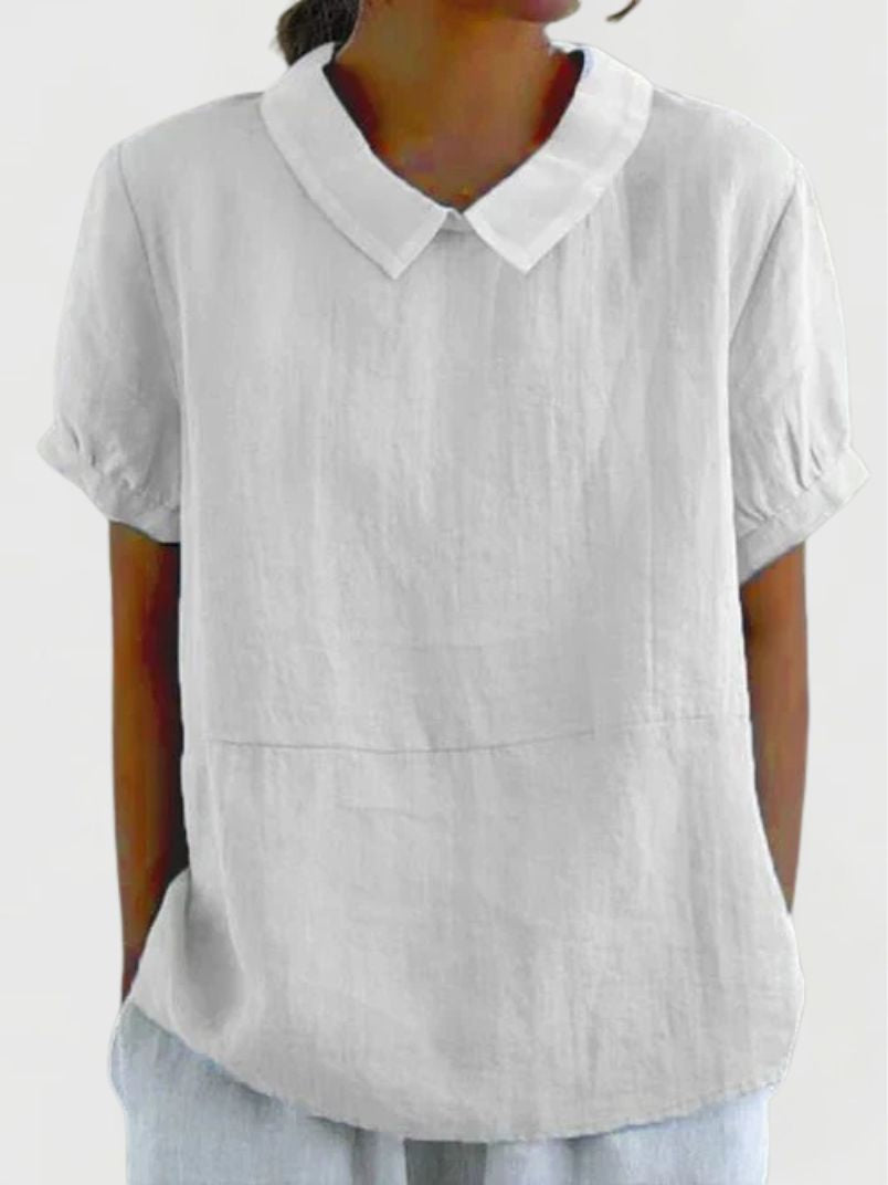 Dames Linnen Zomerblouse met Peter Pan Kraag en Korte Mouwen