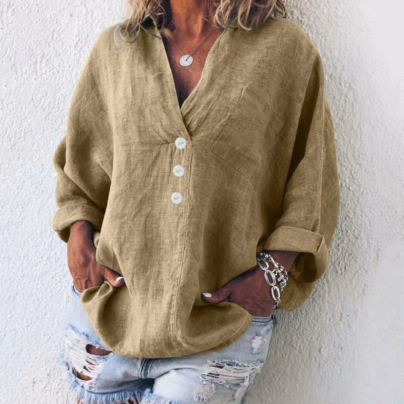 Dames Linnen Zomerblouse met V-hals en Lange Mouwen
