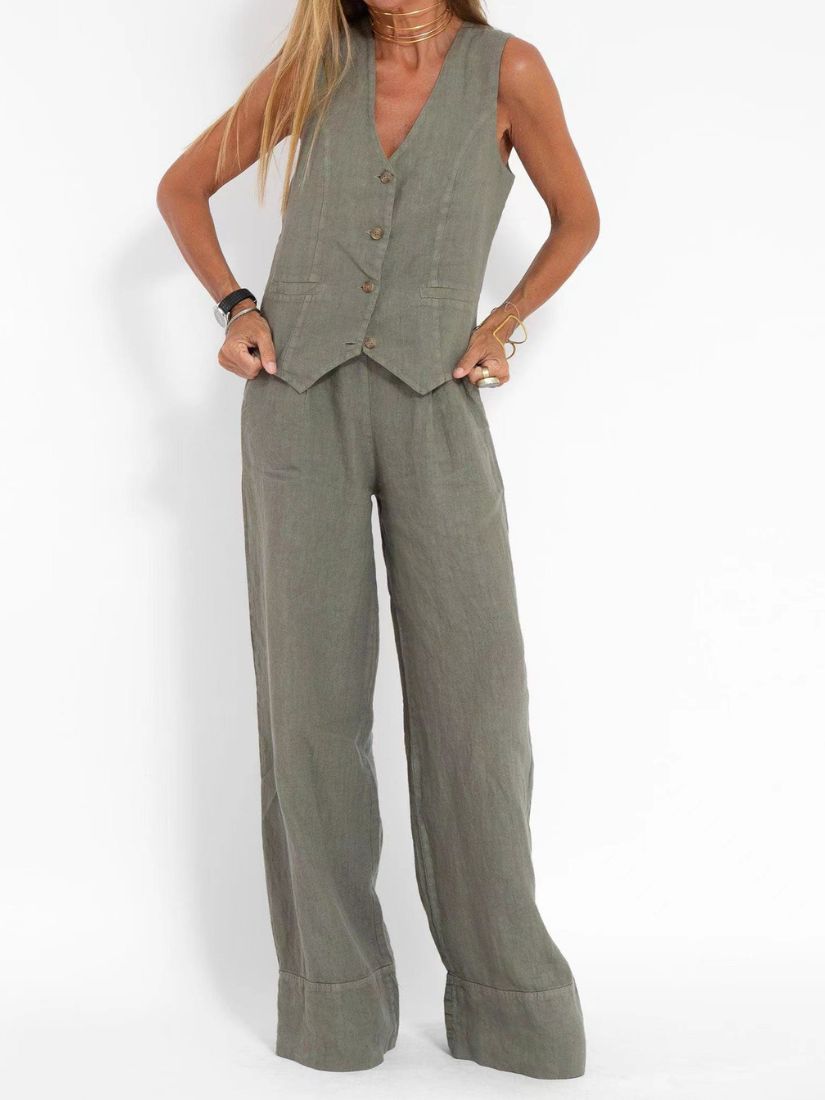 Dames Linnenmix Set met Gilet en Wijde Broek
