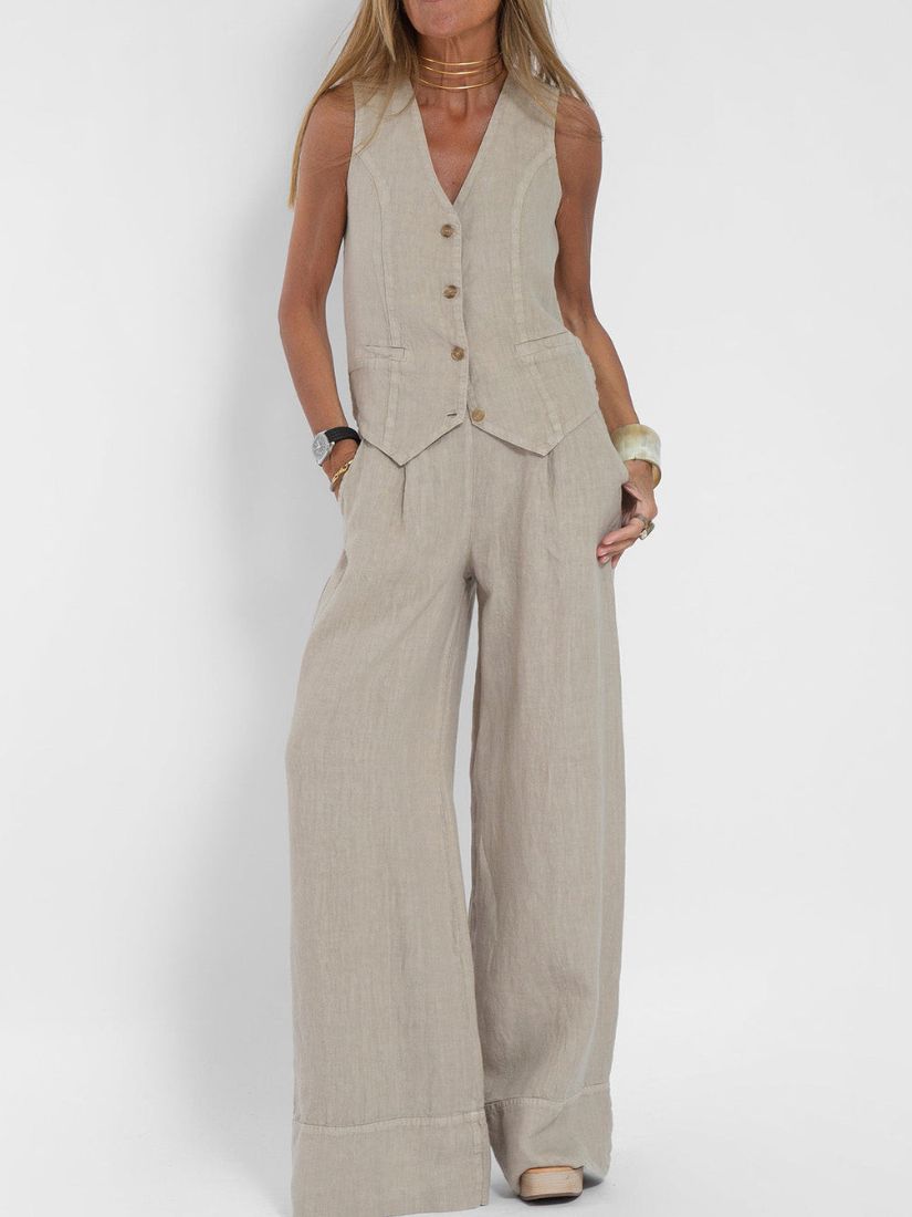 Dames Linnenmix Set met Gilet en Wijde Broek